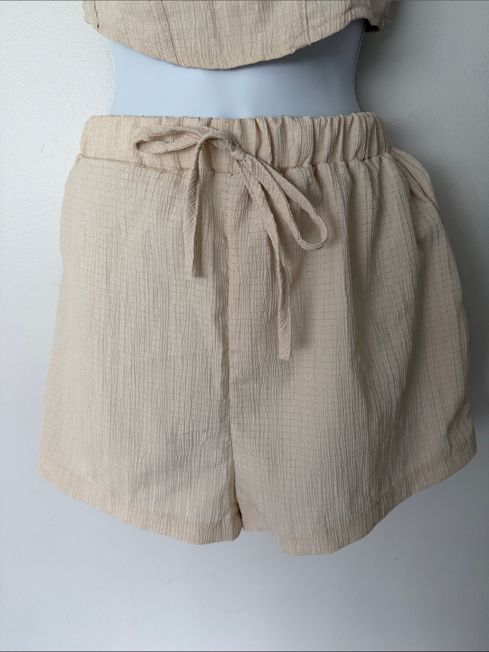 Beige Textured Two-Piece Crop Top & Shorts Set - Picture 3 of 9